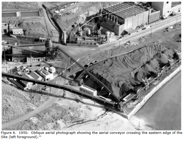 Figure 6.  1950.  Oblique aerial photograph showing the aerial conveyor crossing the eastern edge of the Site (left foreground)